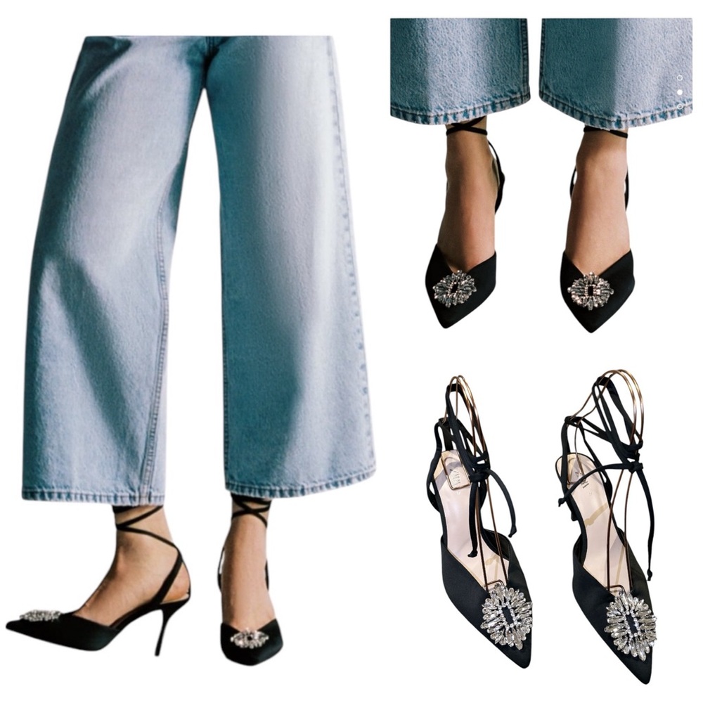 ZARA Embellished Crystal Tie Pumps Heels Pointed Toe EU 37 US 7 Black